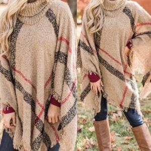Kara and Kate turtleneck fringed poncho plaid tan, black, red one size